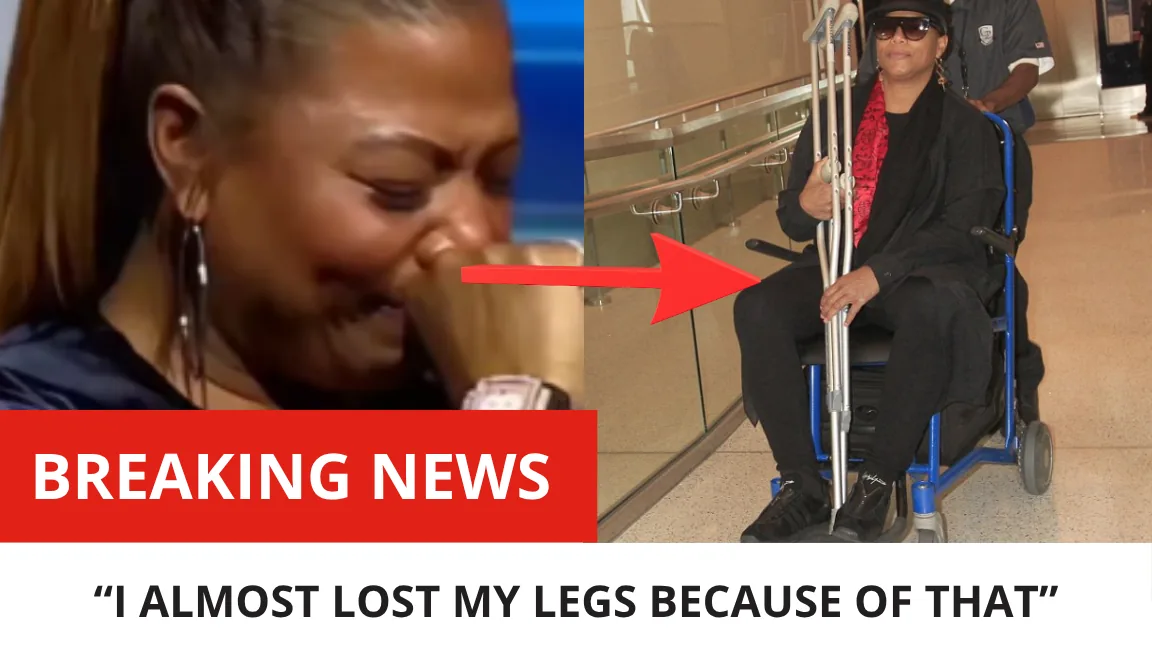 Queen Latifah in a wheelchair with crutches after severe leg swelling