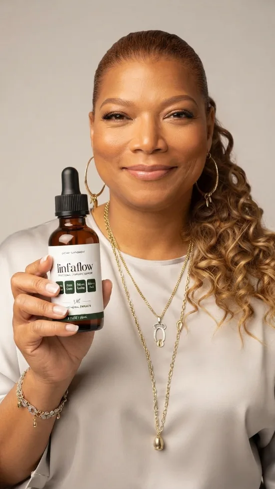 Queen Latifah holding a bottle of Linfaflow
